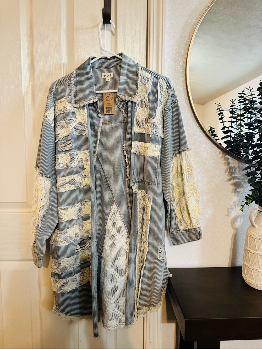 POL Striped Blue and Cream Lace Patchwork Coat